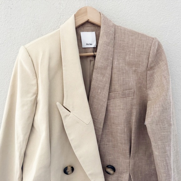 Acler Belvue Linen Blazer Jacket Double Breasted Two Tone Color Block Tan 8 NWOT - Picture 7 of 14